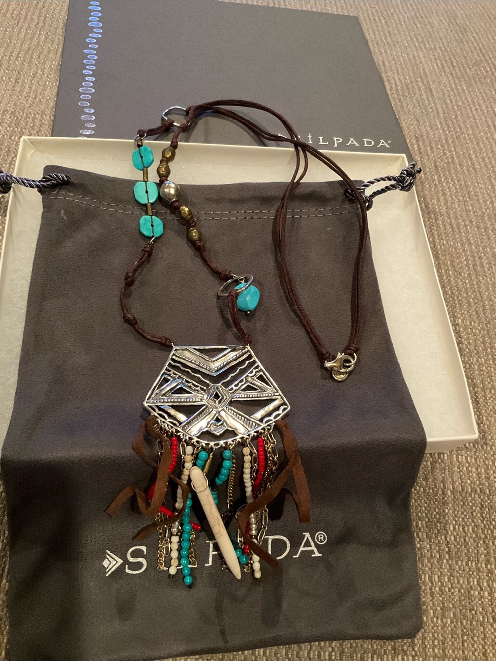 Silpada Turquoise, Brown & Red Boho Fringe Pendant Necklace